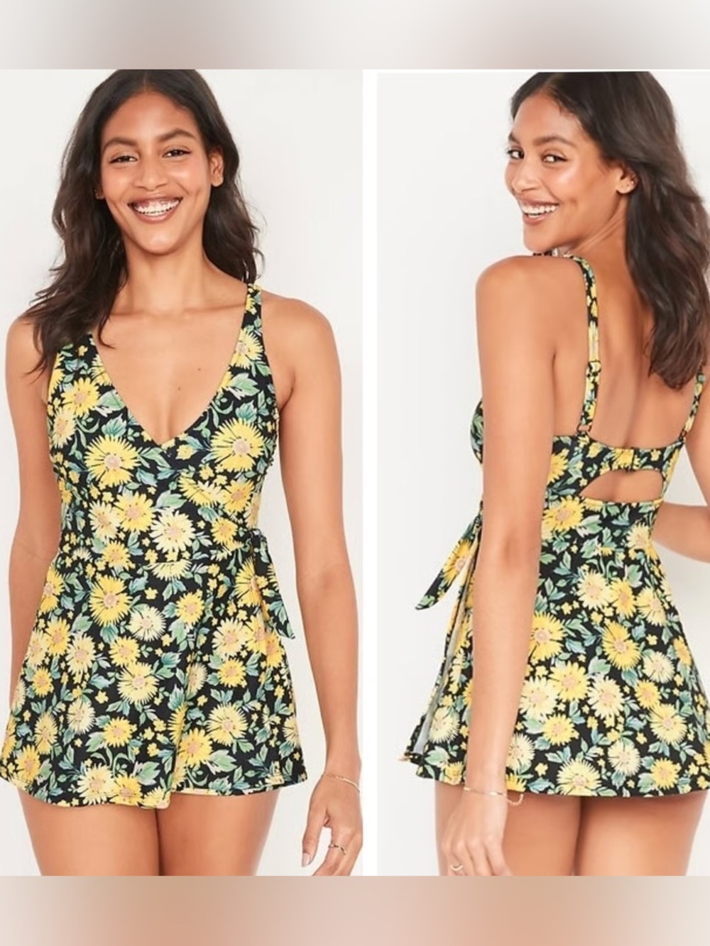 Old Navy Black Floral Yellow Tie-Back One-Piece
